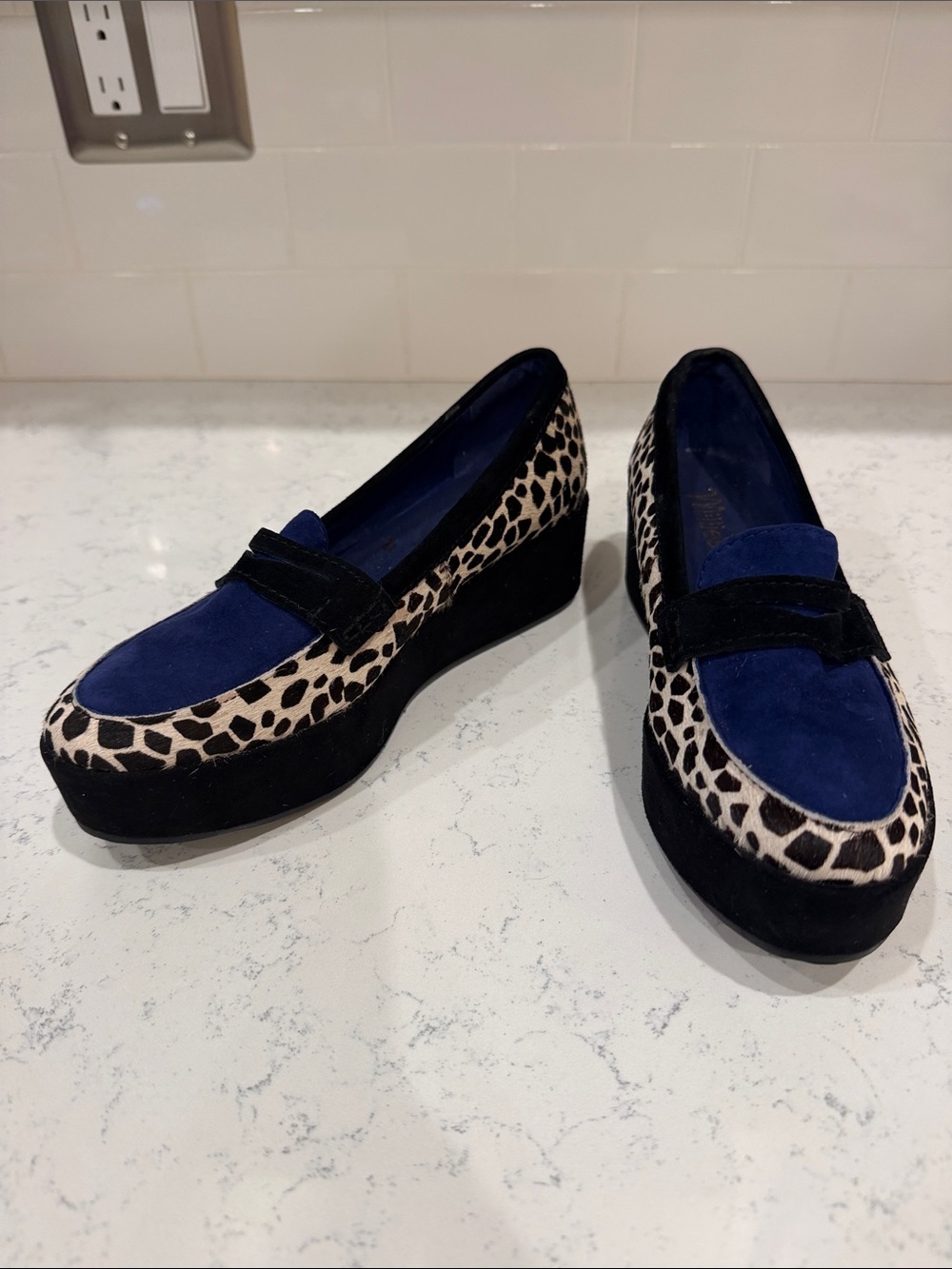 Y2K Millie’s Black and Electric Blue Suede and Leopard Platform Loafers